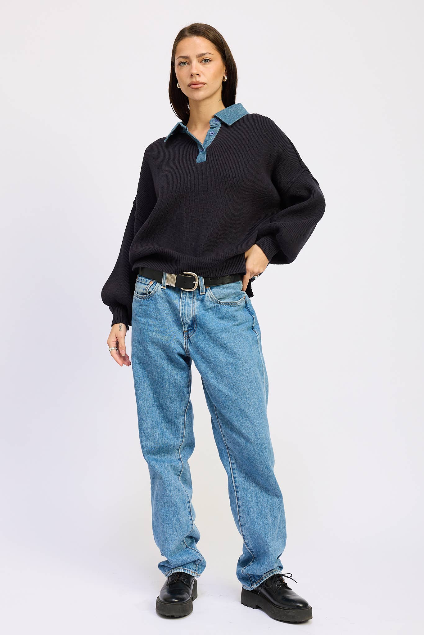 Contrasted Oversize Sweater with Collar