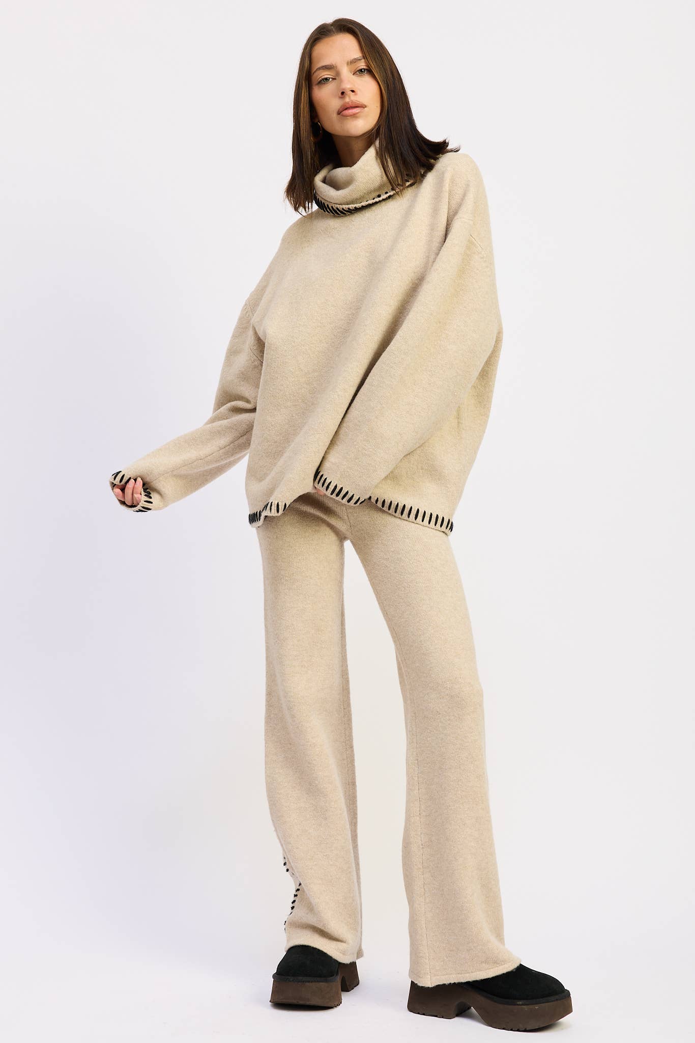Wide Leg Pants with Blanket Stitching