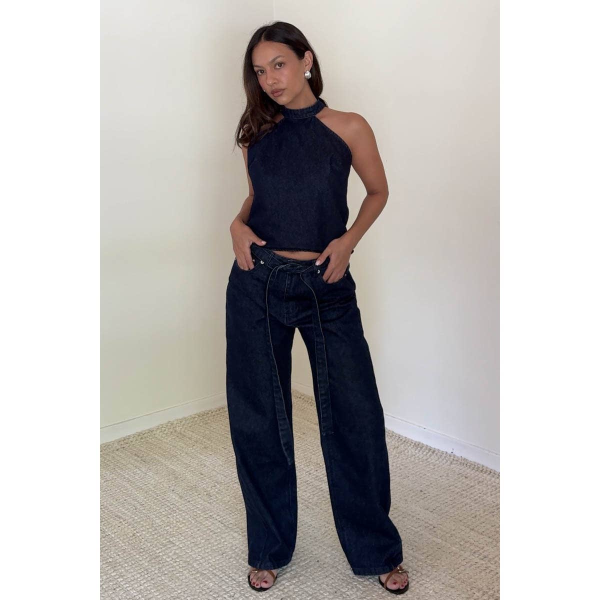 Self-Tie Belt Loose Baggy Fit Denim Pants