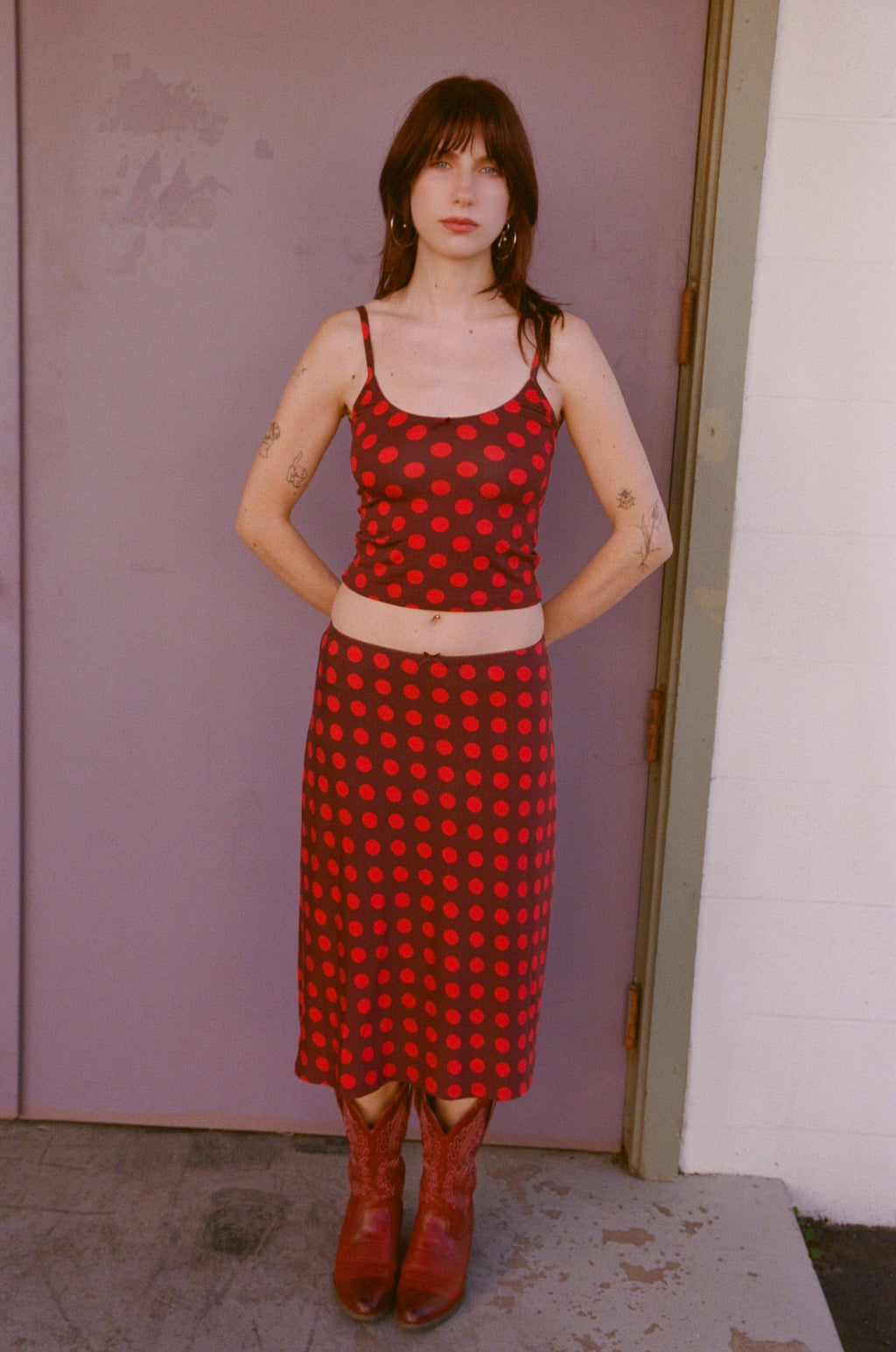 BIAS MIDI SLIP SKIRT IN SCARLET DOT