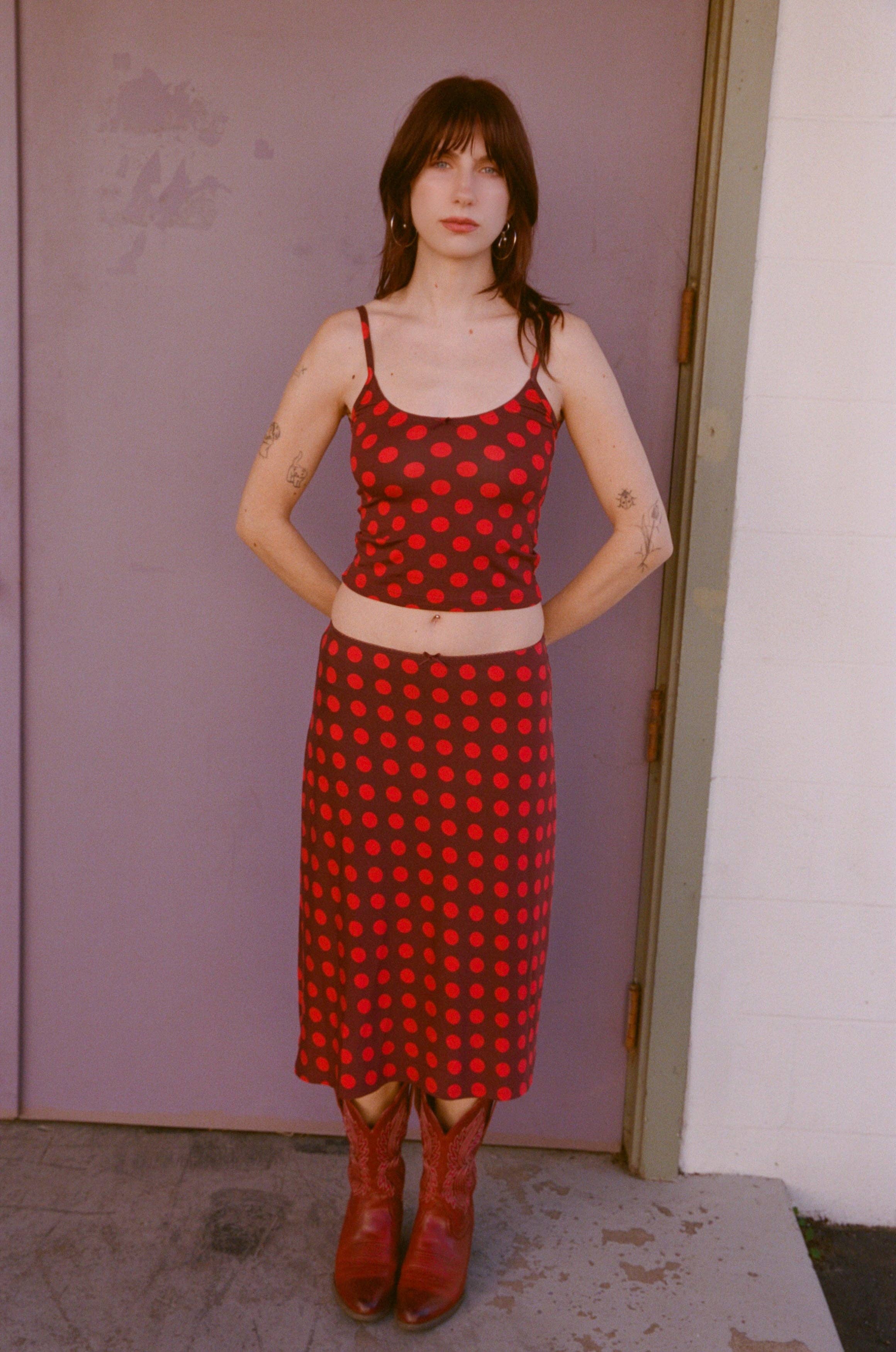SCOOP BACK CAMI IN SCARLET DOT