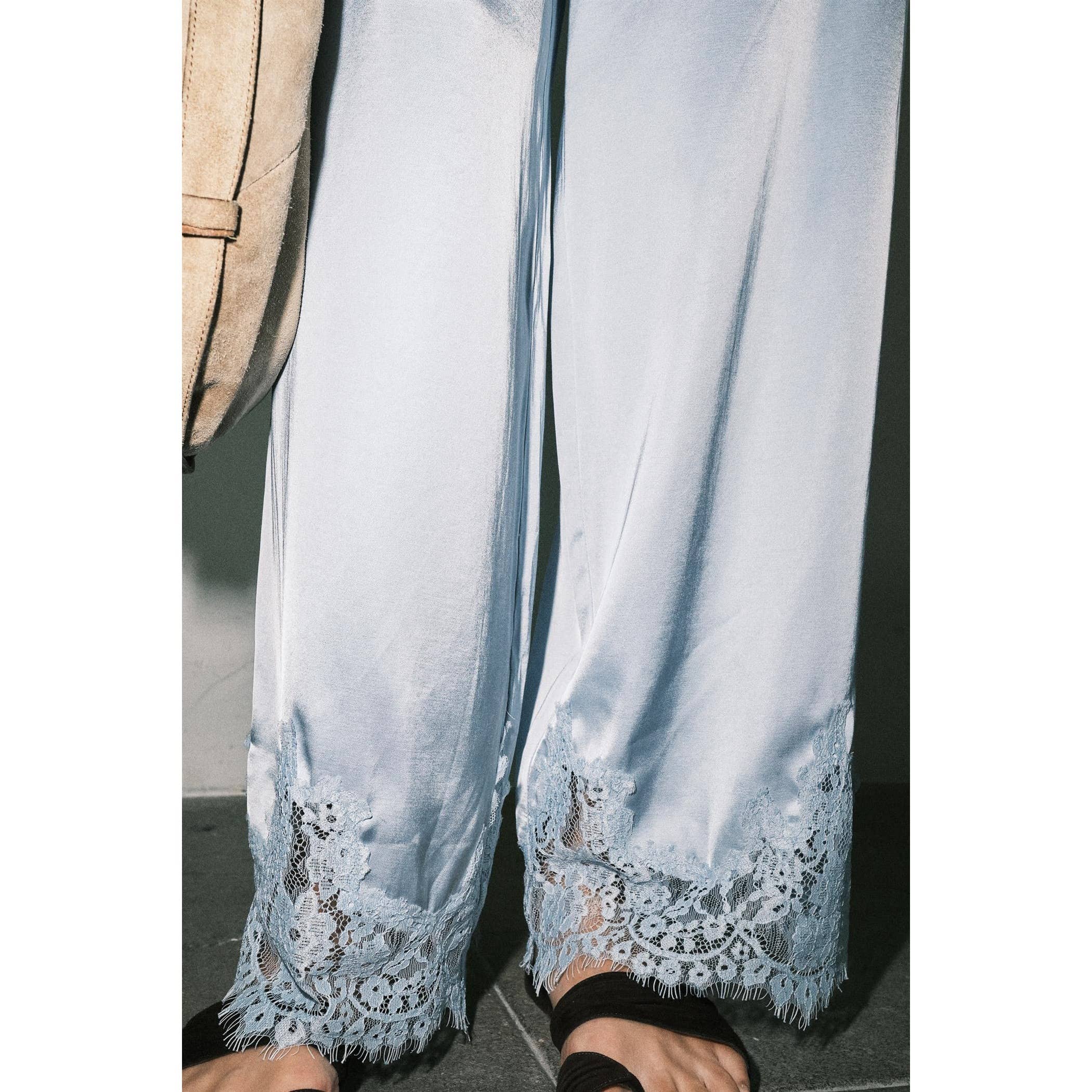 MIREYA SATIN LACE HEM WIDE LEG PALAZZO PANTS