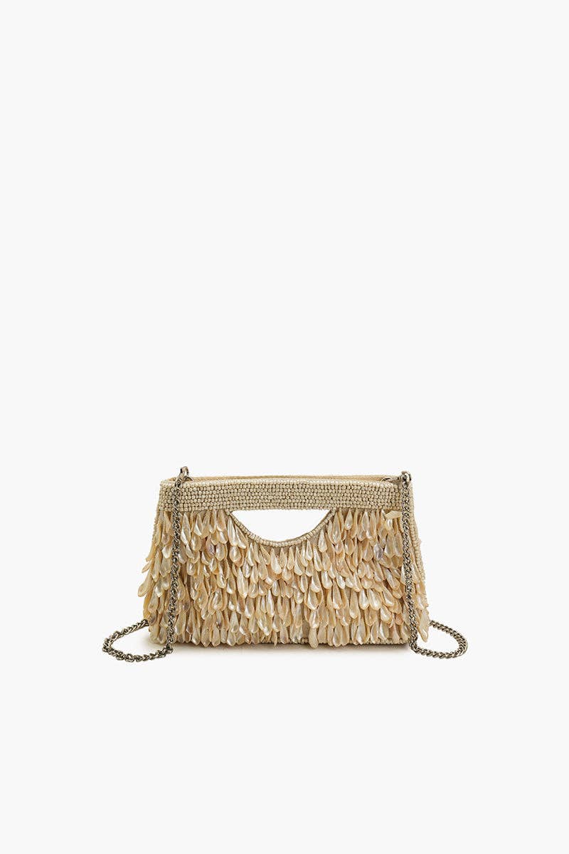 RAINBOW SHELL BEADED ROUND HANDHELD CLUTCH