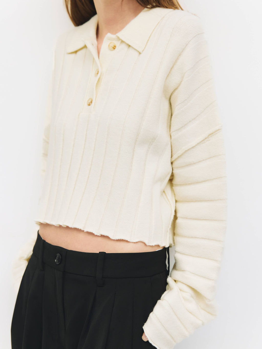 The Karina Sweater | Cropped Ribbed Knit Polo Sweater