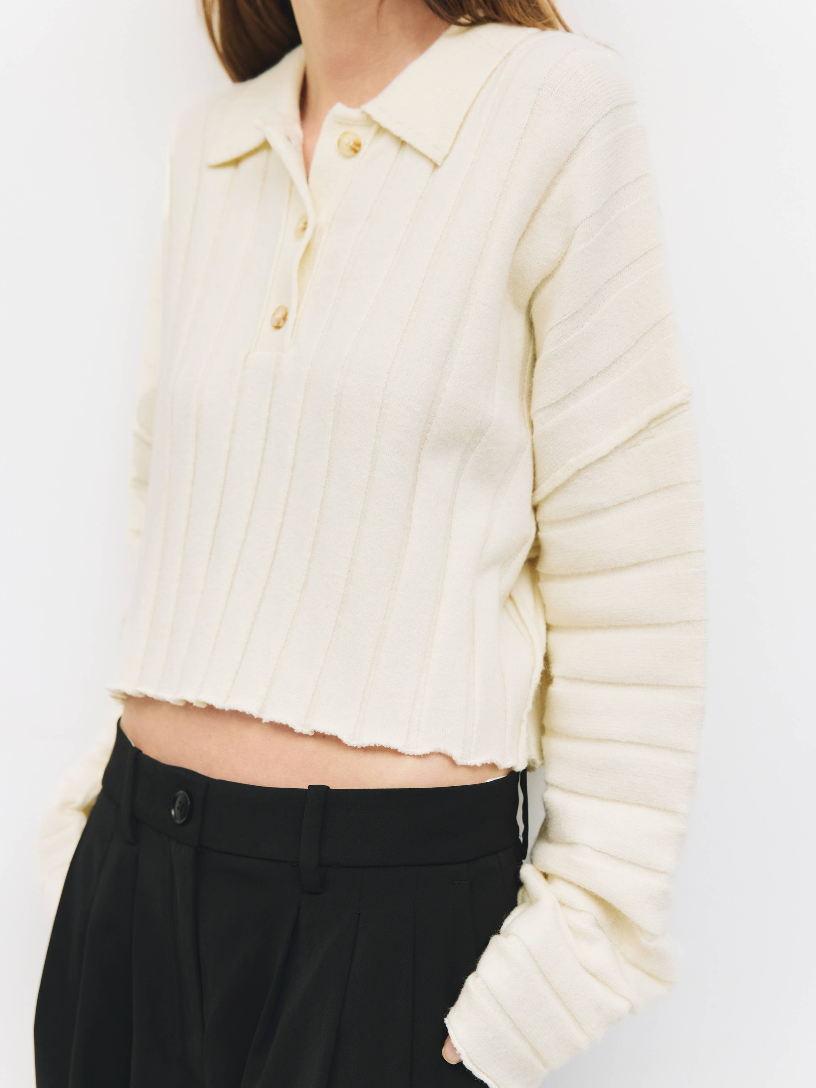 The Karina Sweater | Cropped Ribbed Knit Polo Sweater