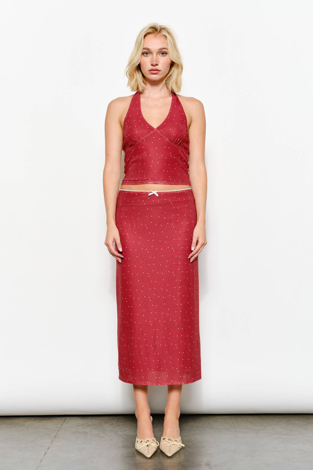 GENEVA POLKADOT MESH HALTER NECK TOP