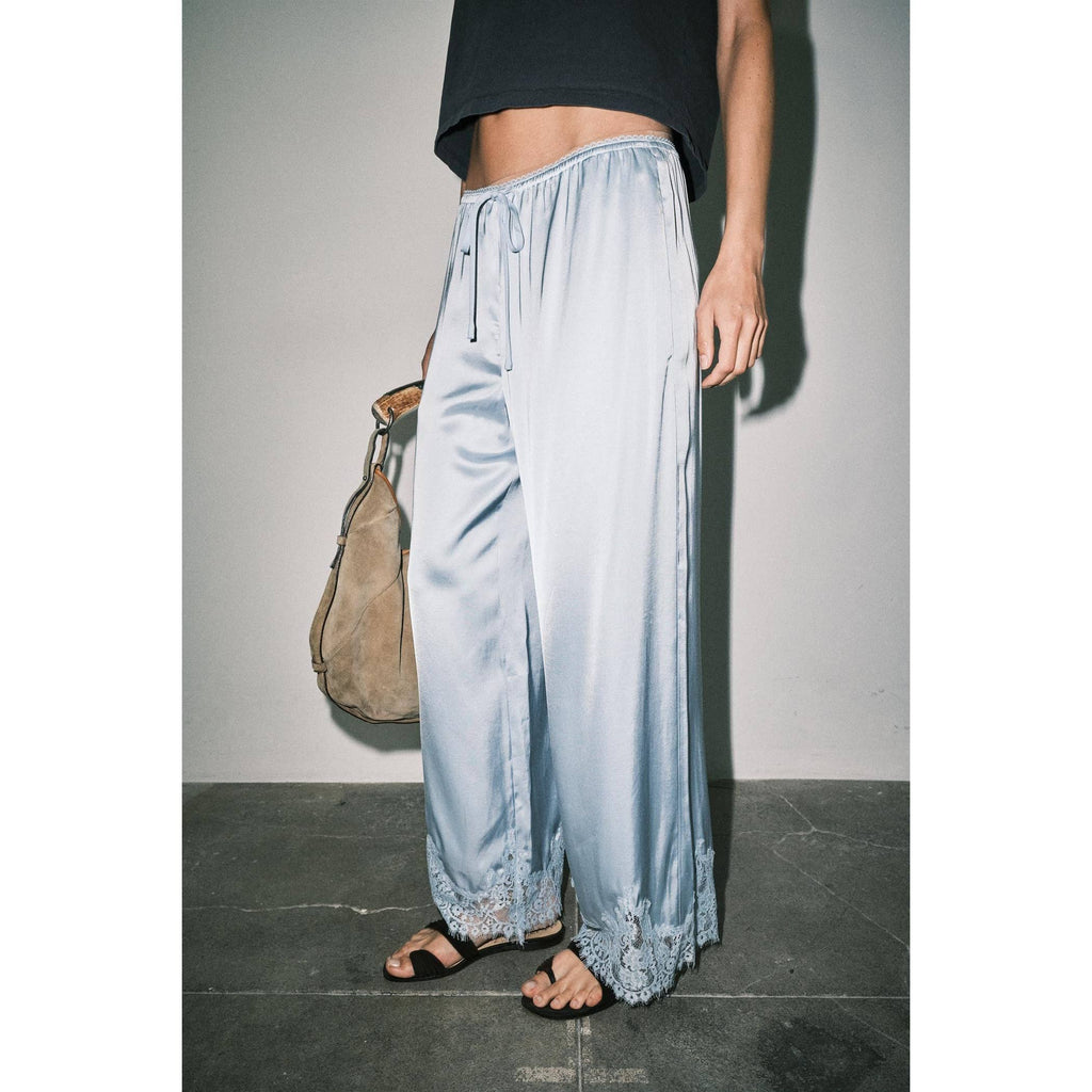 MIREYA SATIN LACE HEM WIDE LEG PALAZZO PANTS