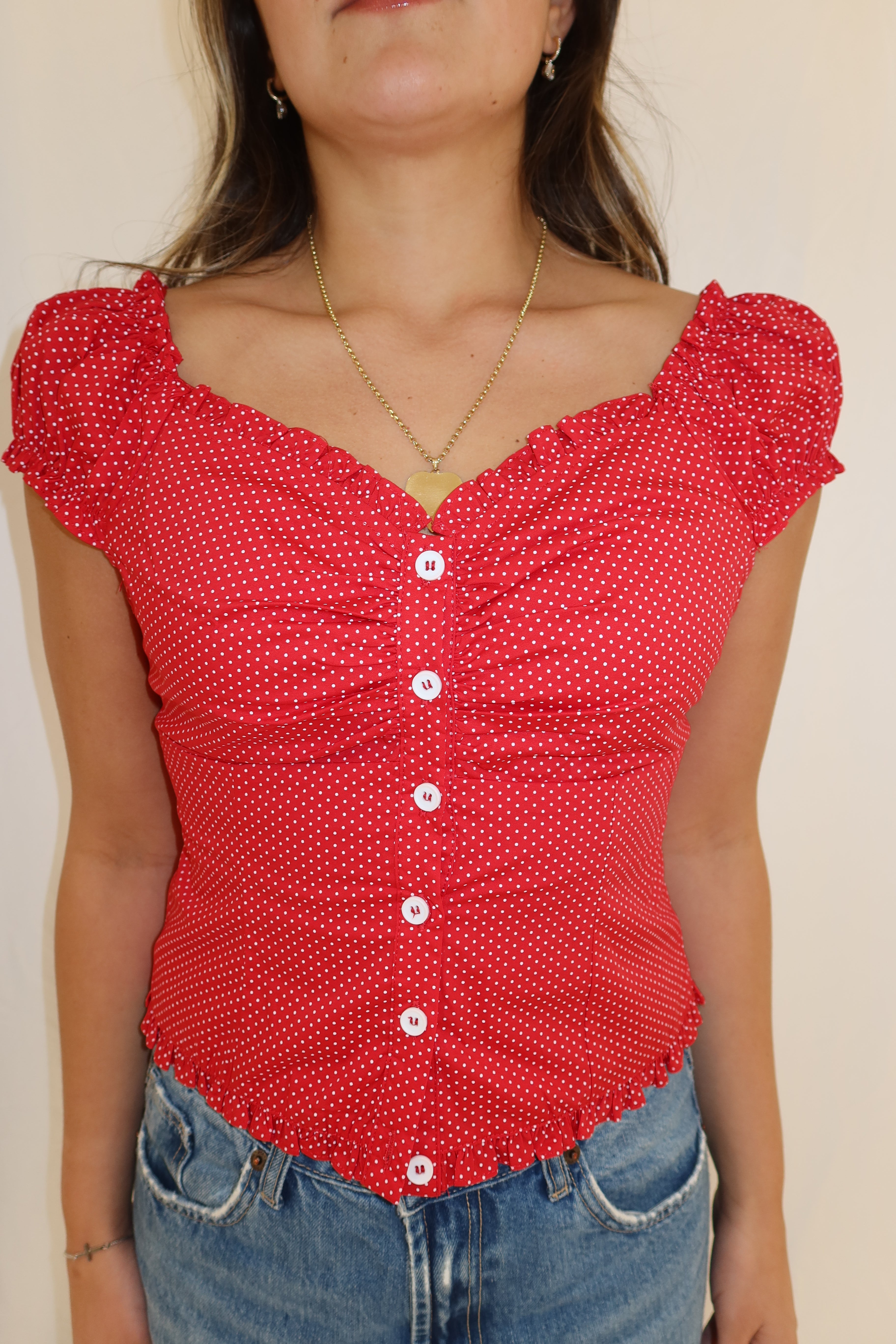 Cap Sleeve Button Down Polka Dot Top