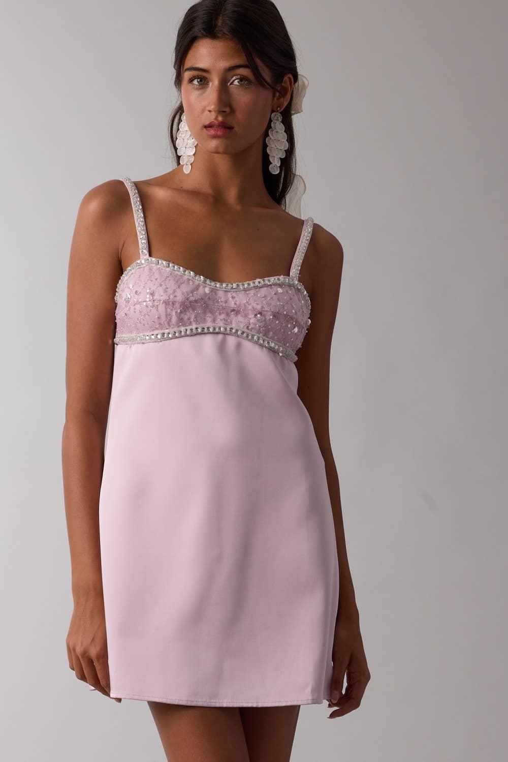 Jeweled Bust Point Soft Color Plain Mini Dress