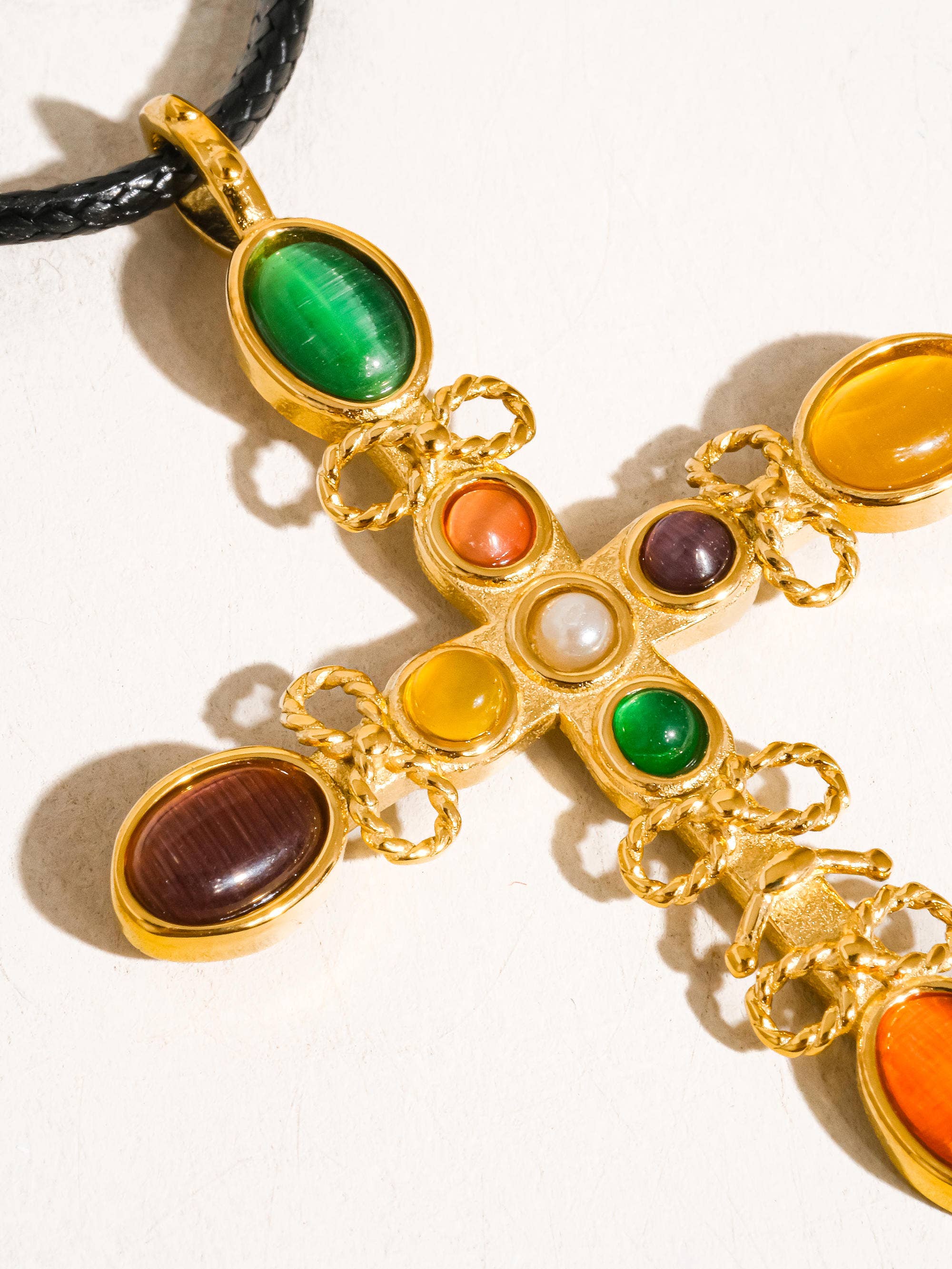 18K Gold Non-Tarnish Multi Stone Cross Necklace
