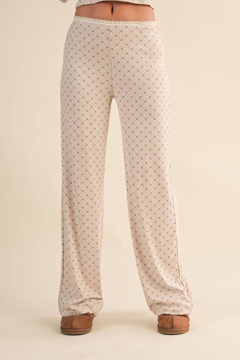 Heart Print Pointelle Lounge Set with Picot Lace Trim