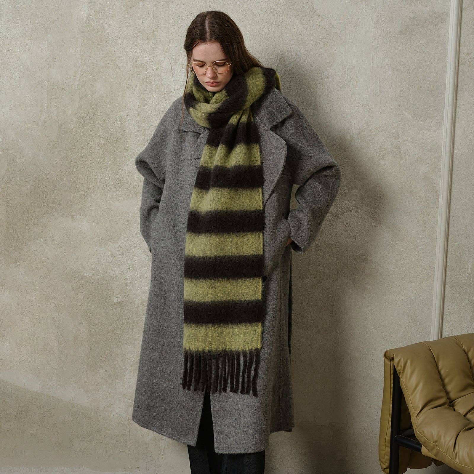 Striped Color Block Thicken Tassel Warm Scarf