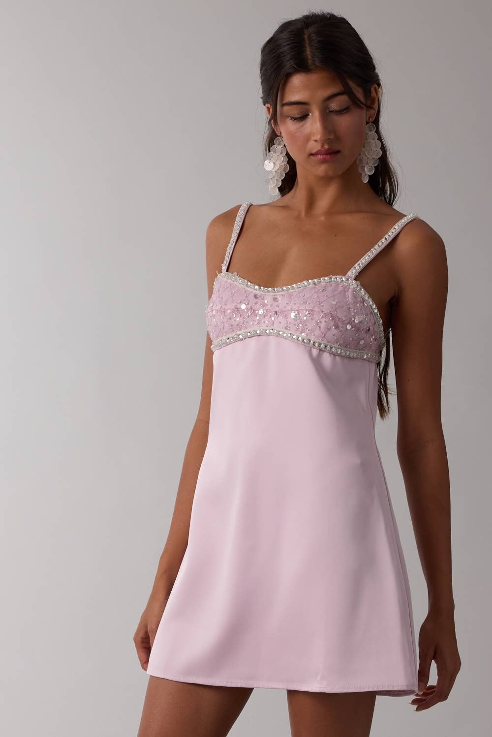 Jeweled Bust Point Soft Color Plain Mini Dress