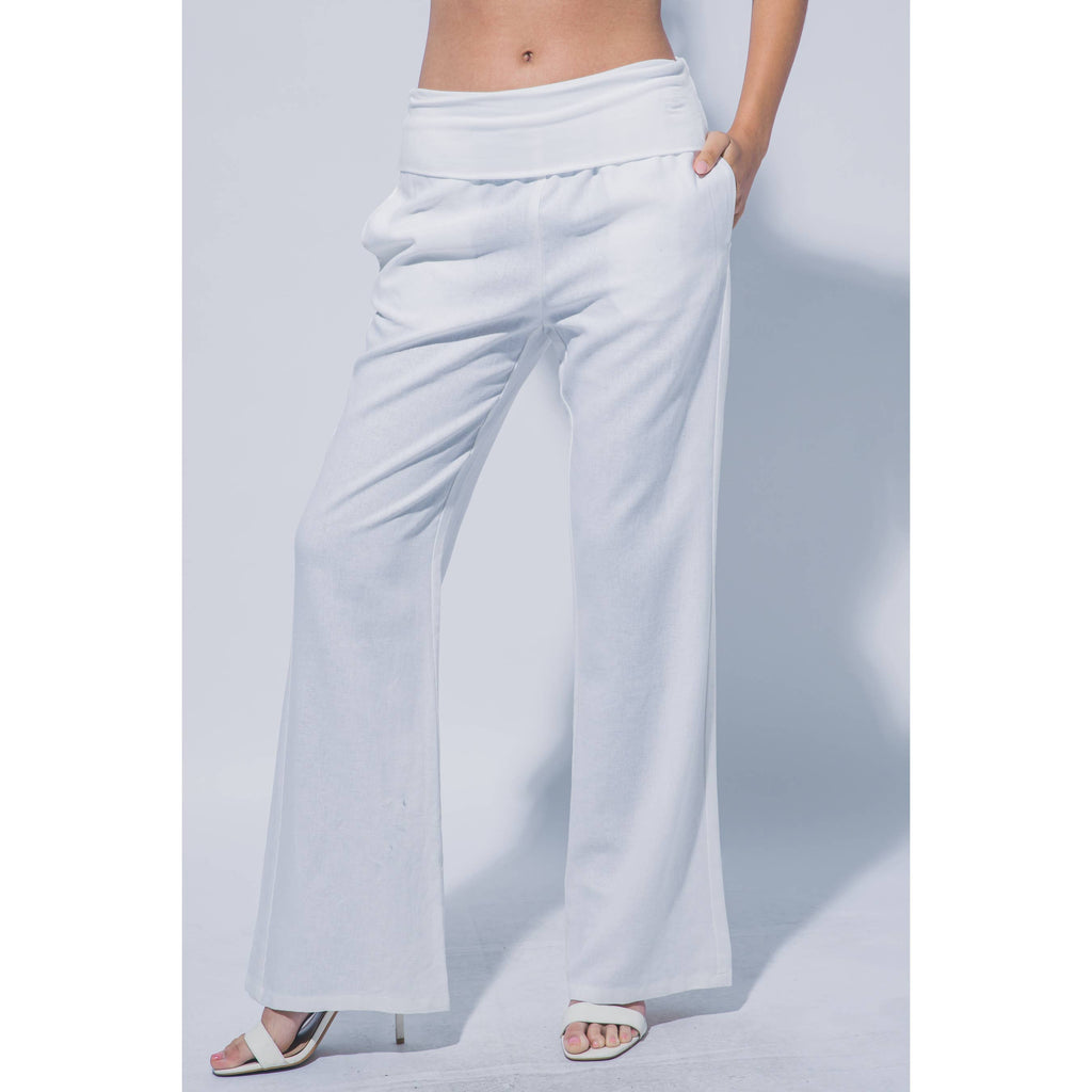 WAIST FOLD OVER FLARE LINEN PANTS