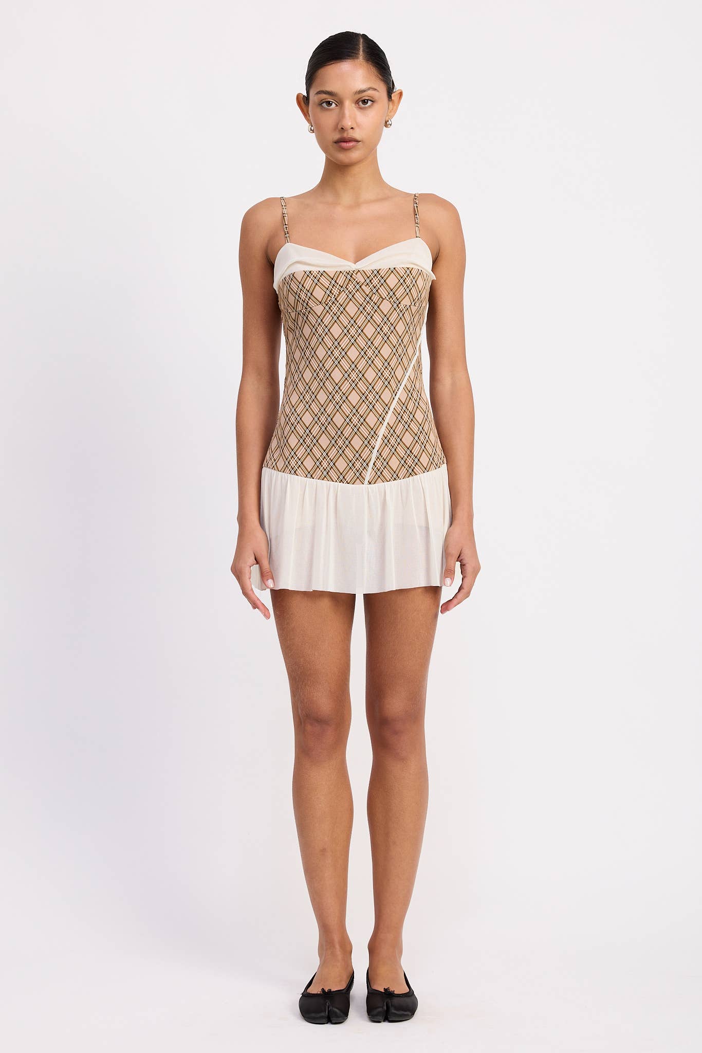 PLAID RUCHED MINI DRESS WITH CONTRAST TRIM