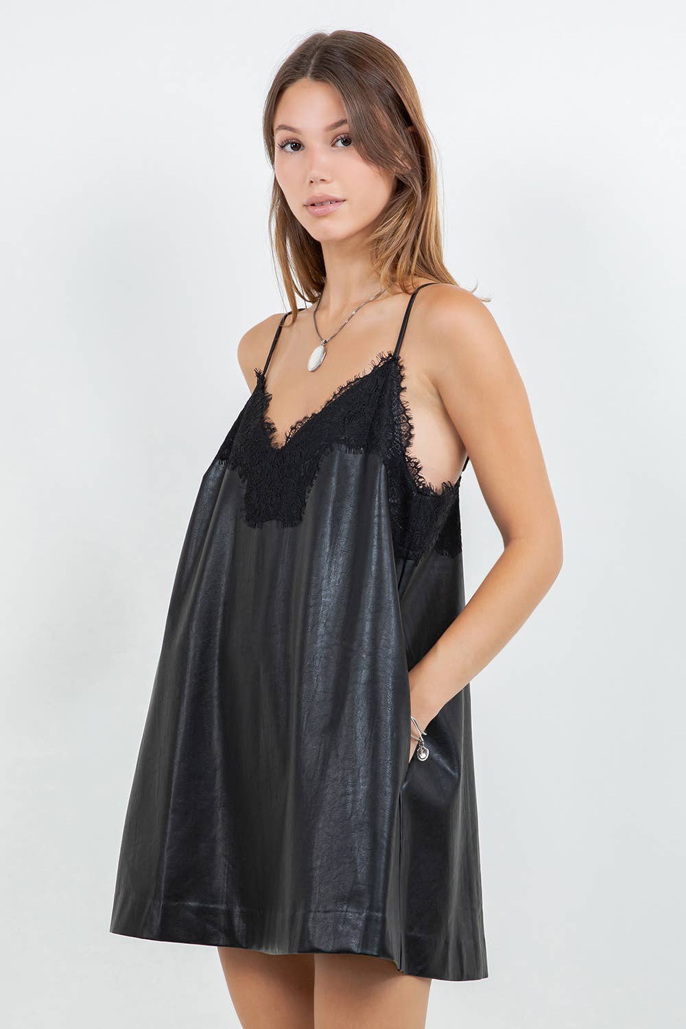 Structured Pu Leather with Accent Lace Mini Dress