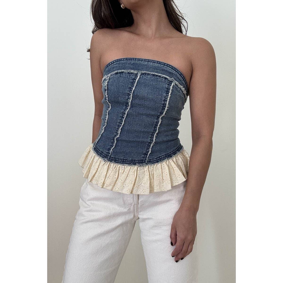 Denim Tube Top With Eyelet Frilled Hem