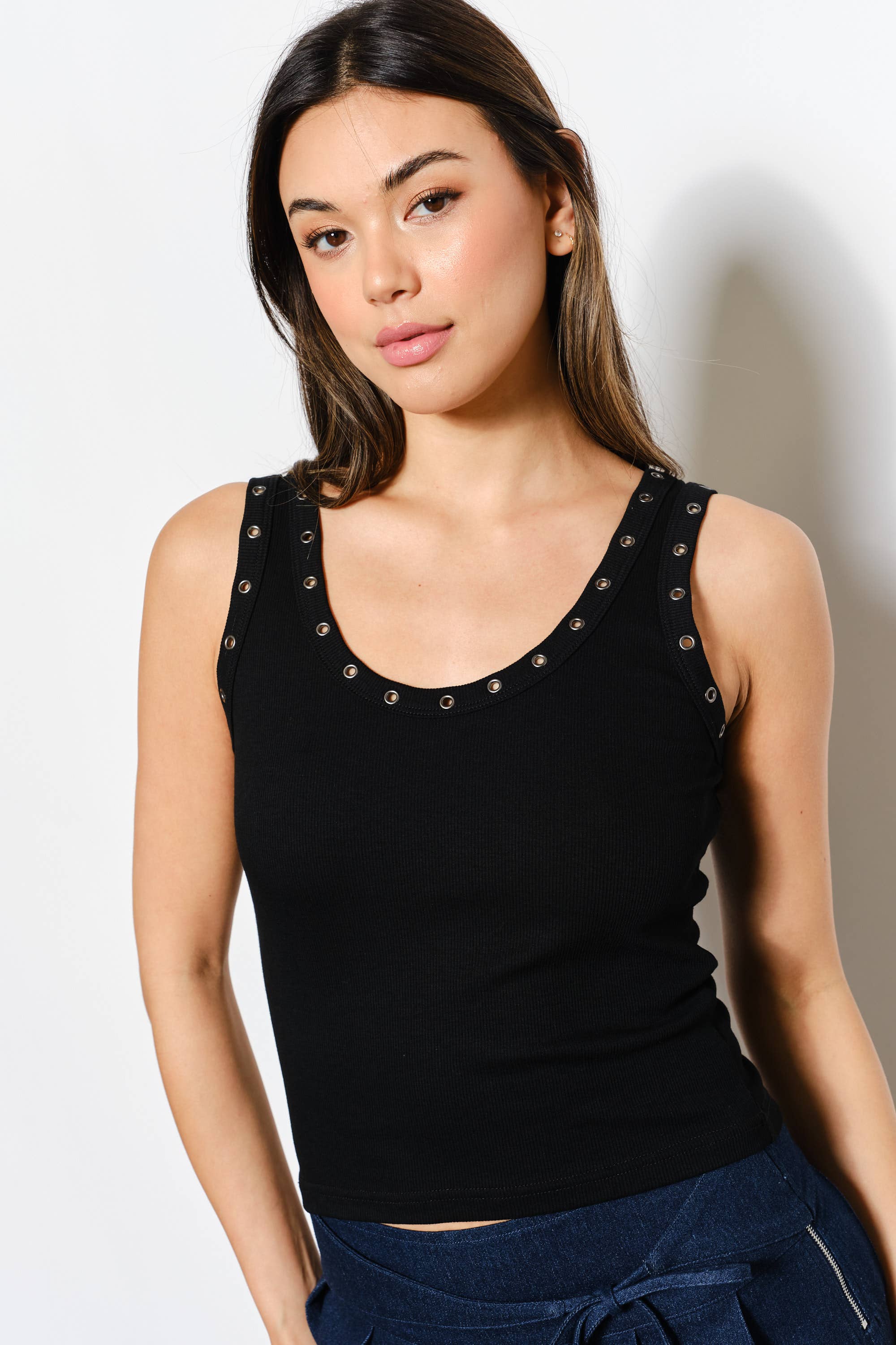 EYELET RIBBED KNIT TANK