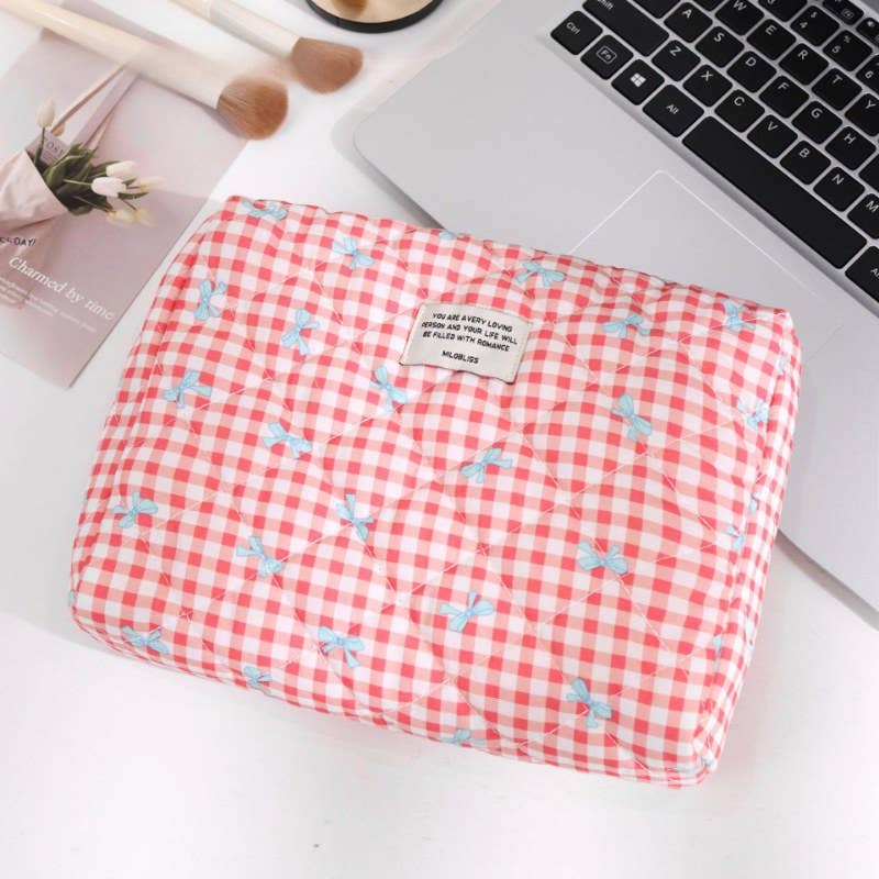 Sweet Color Block Plaid Bow Cosmetic Bag