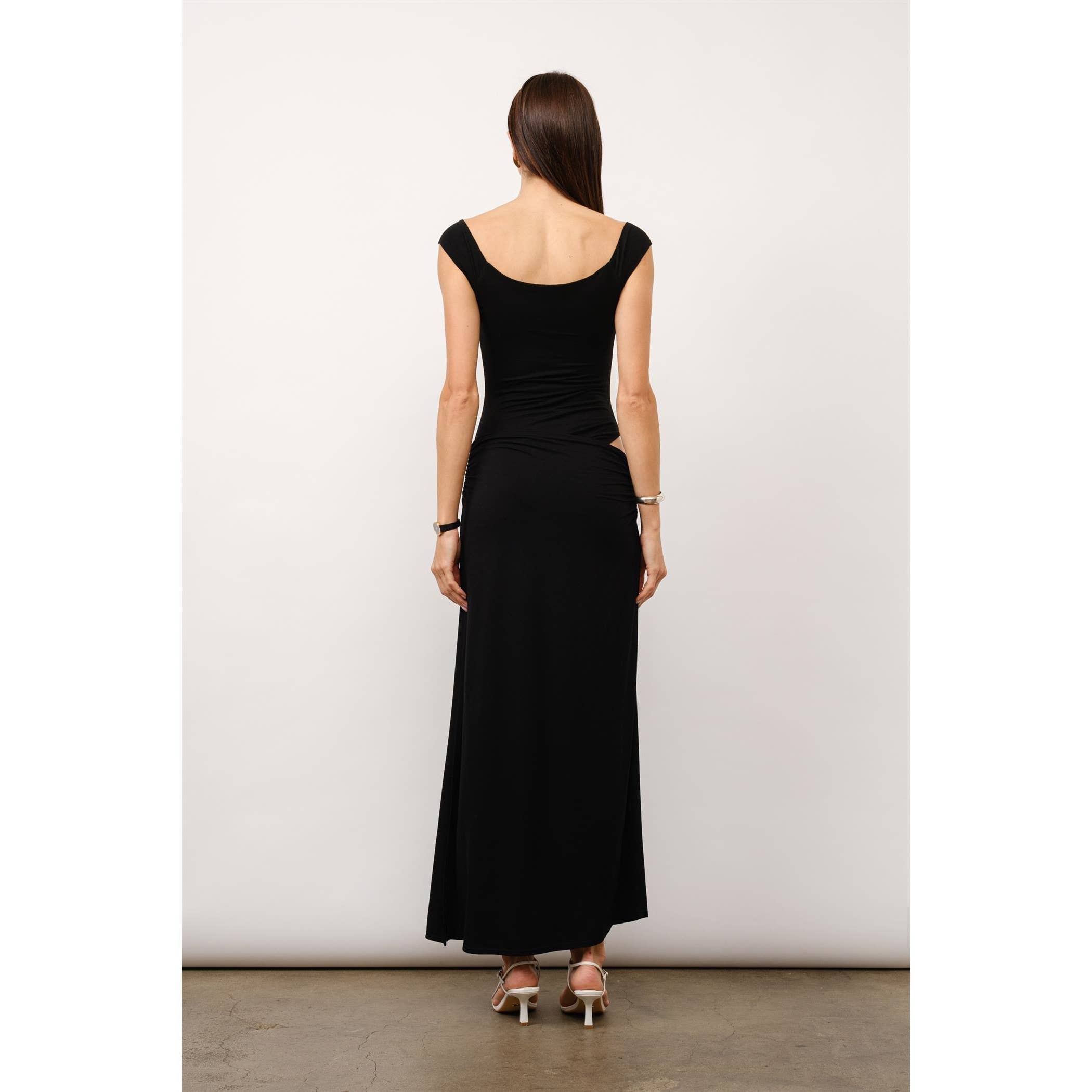 Juliette Off The Shoulder Bodycon Maxi Dress in Black Jersey