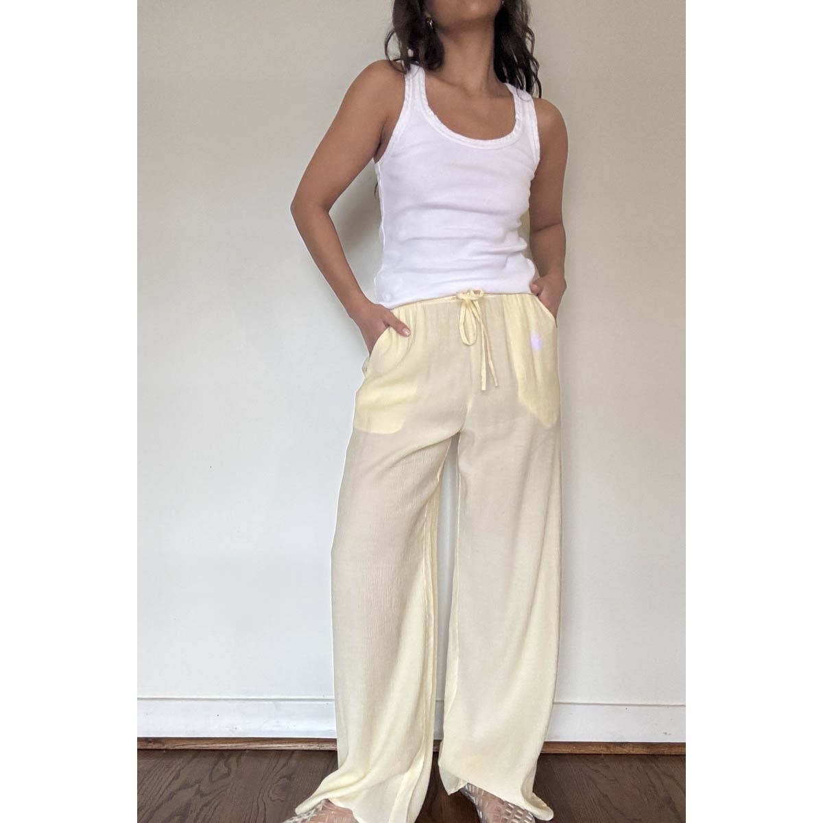 Drawstring Mid Waist Straight Leg Flowy Pants