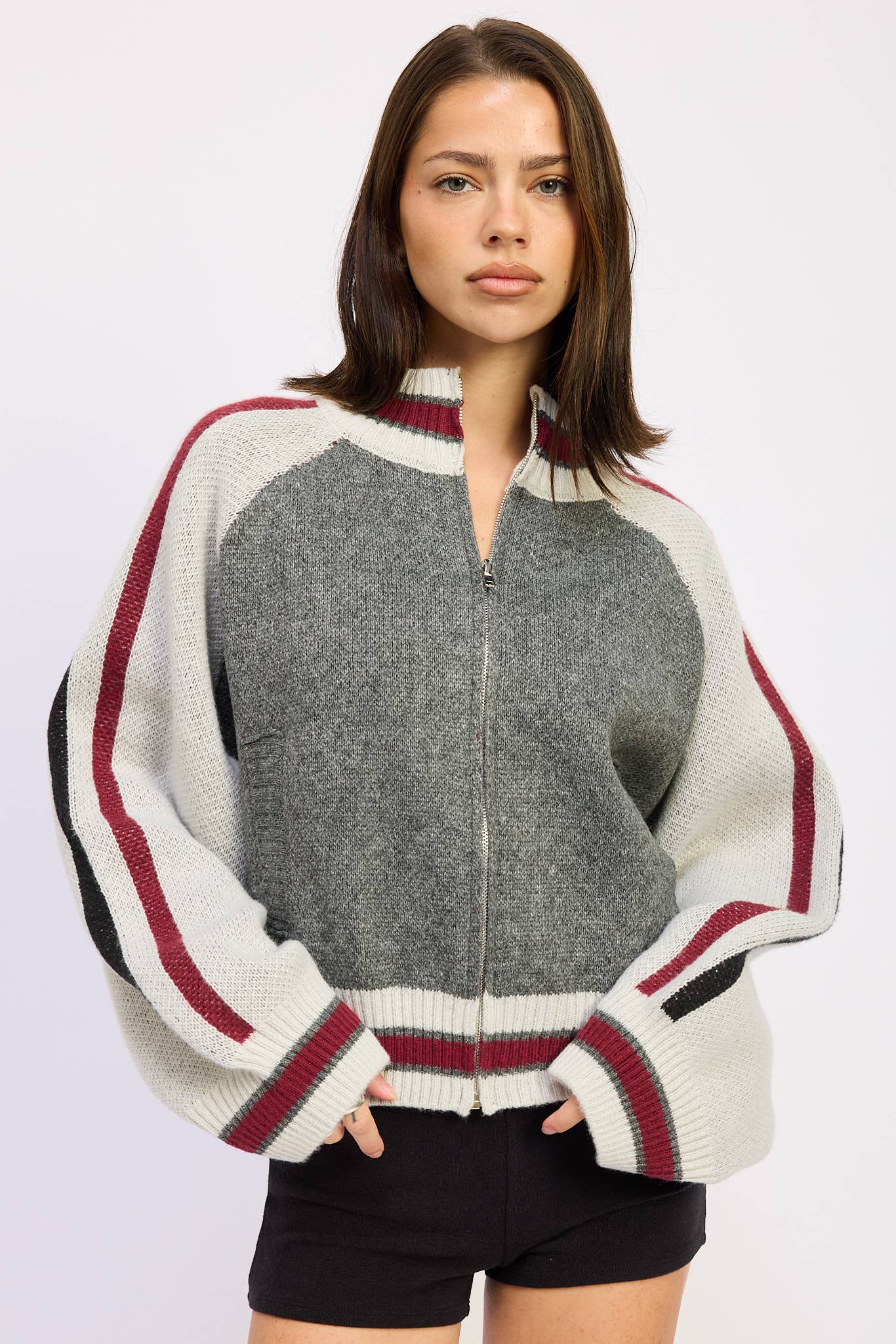 Zip Up Sweater Cardigan With Mock Neck