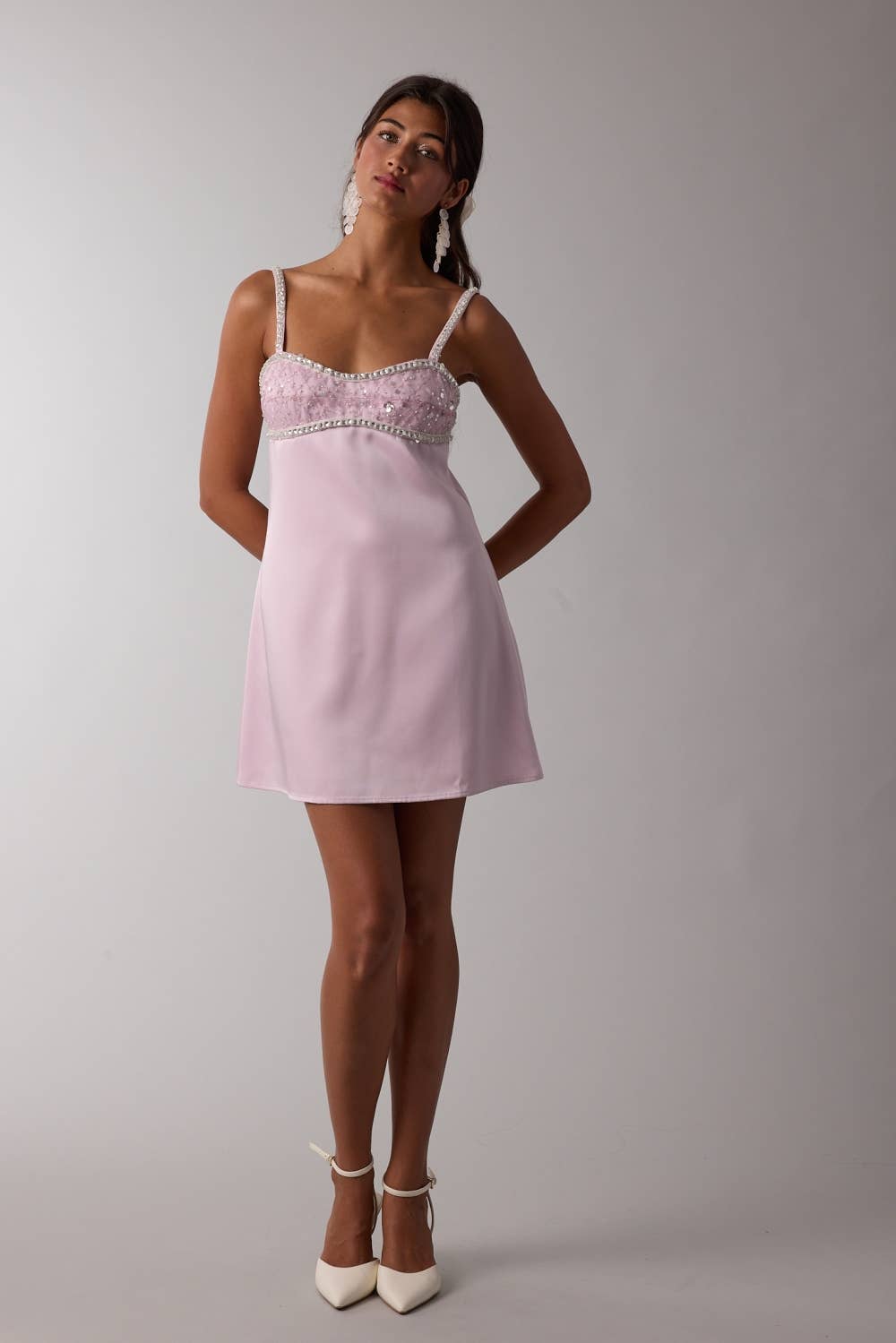 Jeweled Bust Point Soft Color Plain Mini Dress