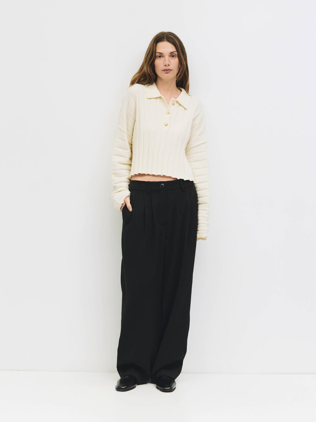 The Karina Sweater | Cropped Ribbed Knit Polo Sweater