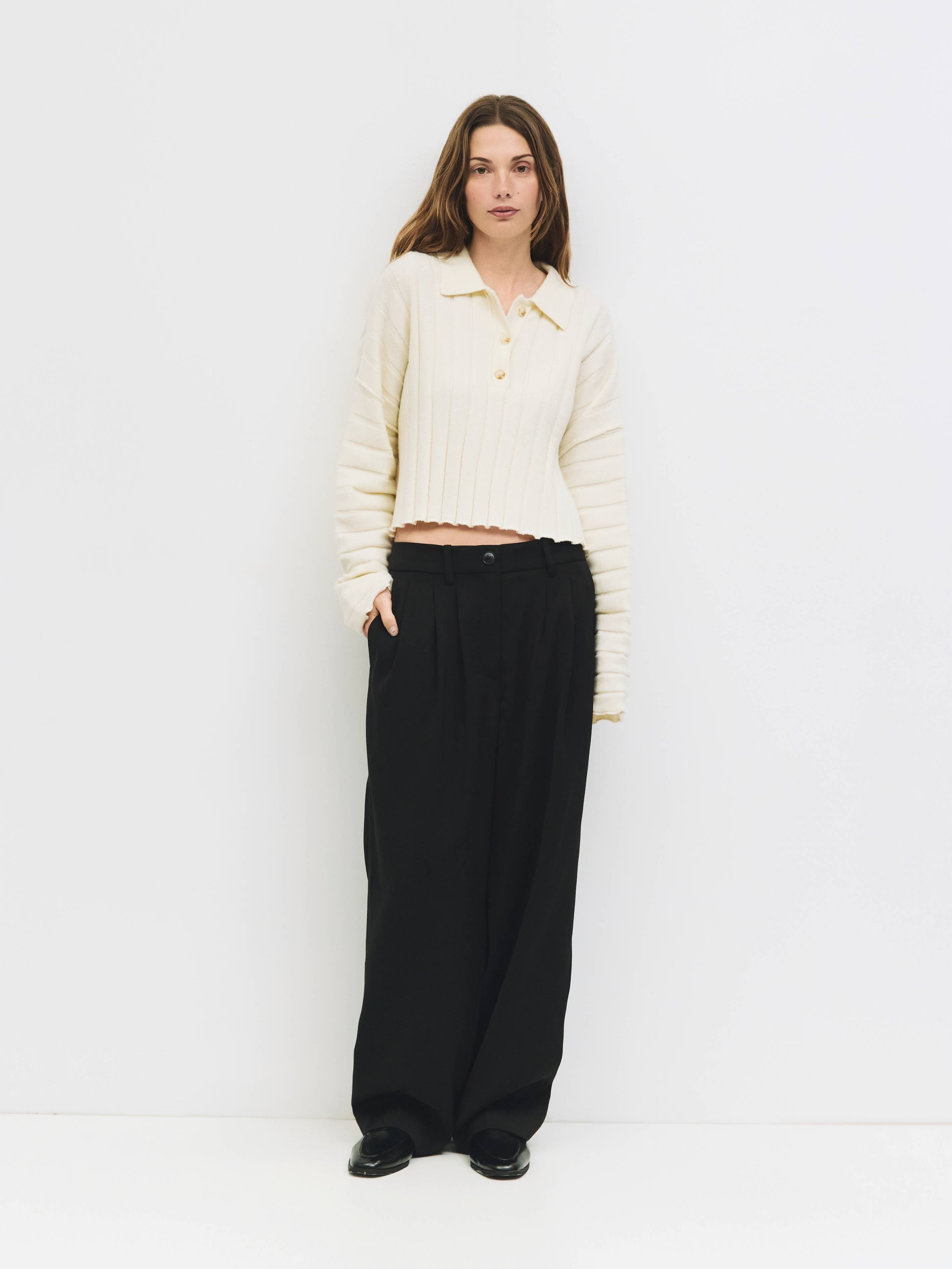 The Karina Sweater | Cropped Ribbed Knit Polo Sweater