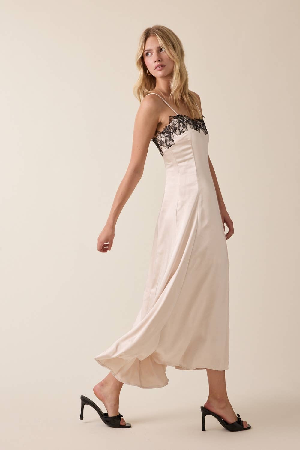 Satin Black Floral Lace Bust Sleeveless Midi Dress