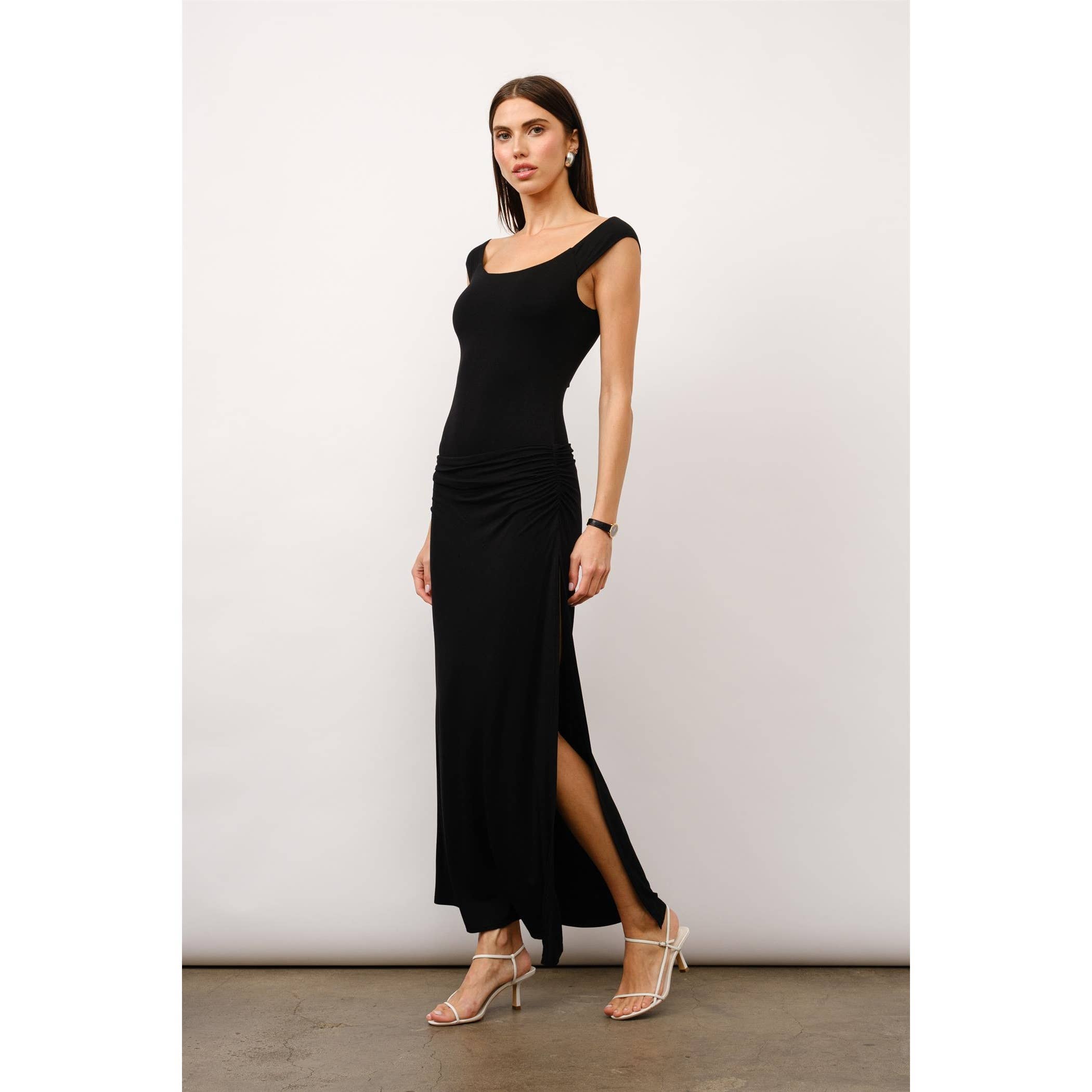 Juliette Off The Shoulder Bodycon Maxi Dress in Black Jersey