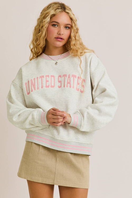 "UNITED STATES" CREW NECK PREPPY EMBROIDERY SWEATSHIRT