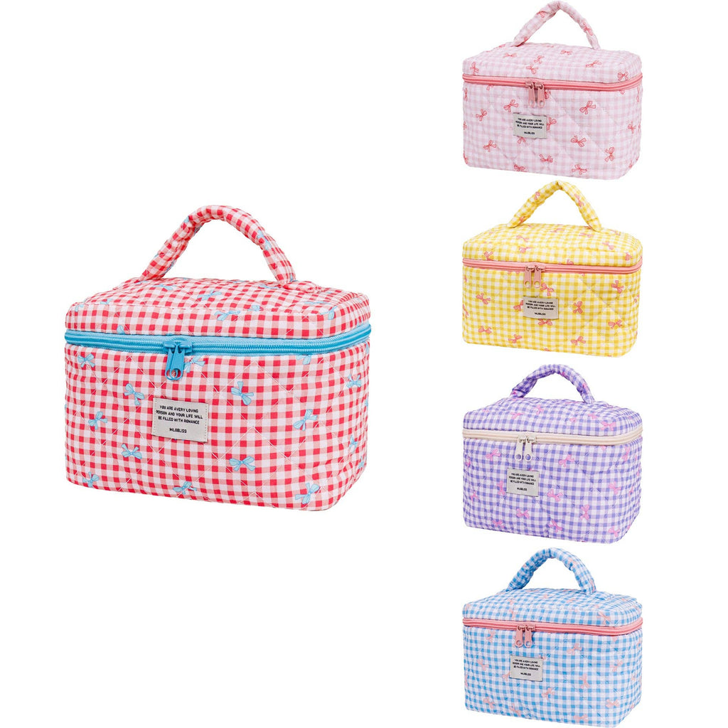 Sweet Color Block Plaid Bow Cosmetic Bag