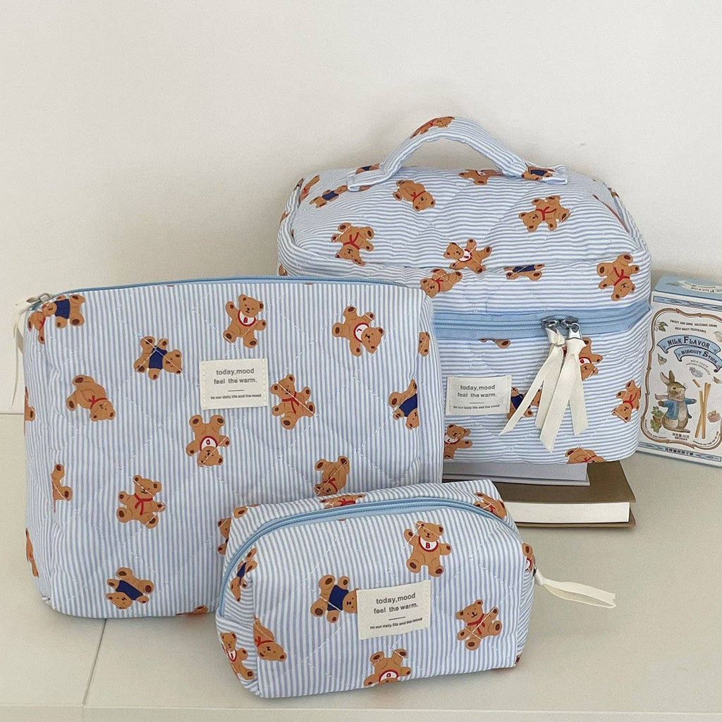 Cute Bear Print Striped Make Up Bag