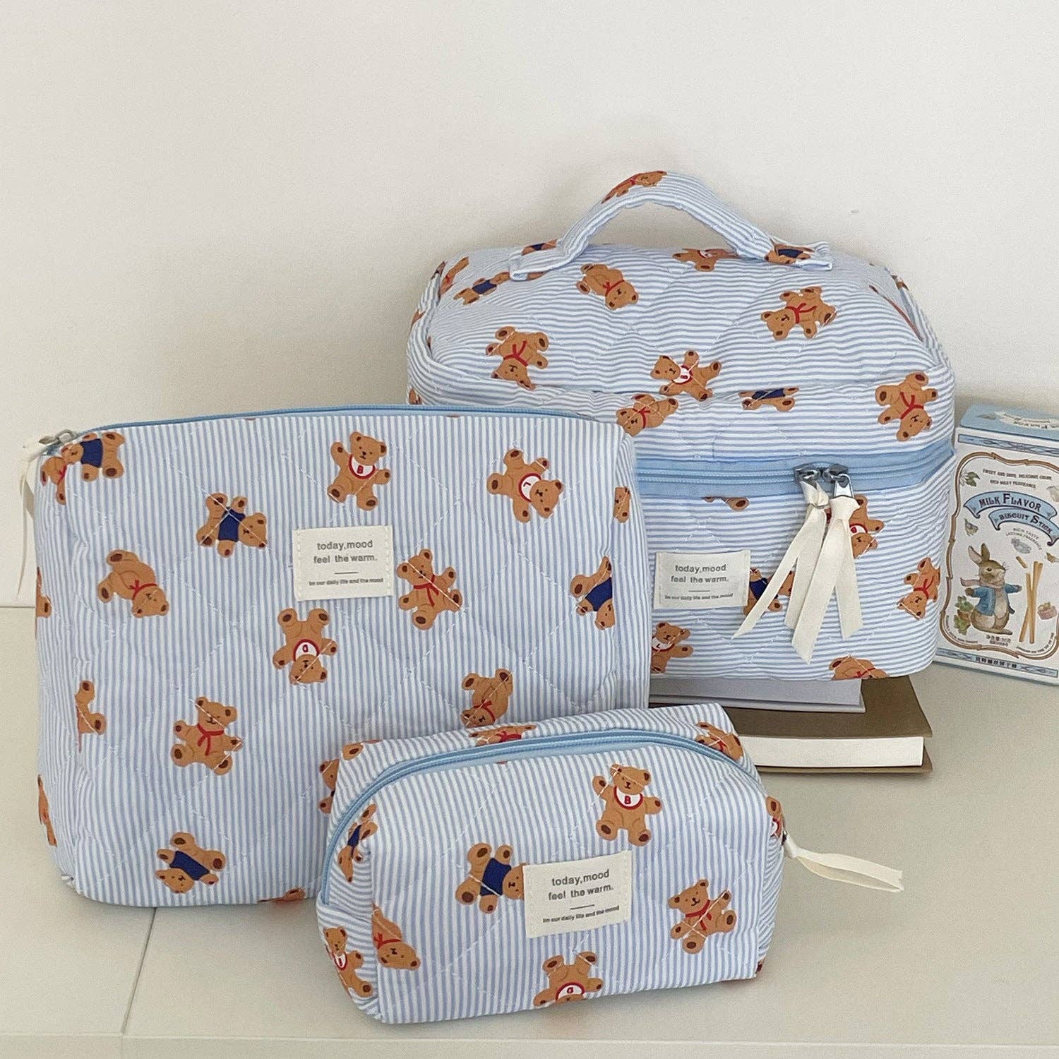 Cute Bear Print Striped Make Up Bag