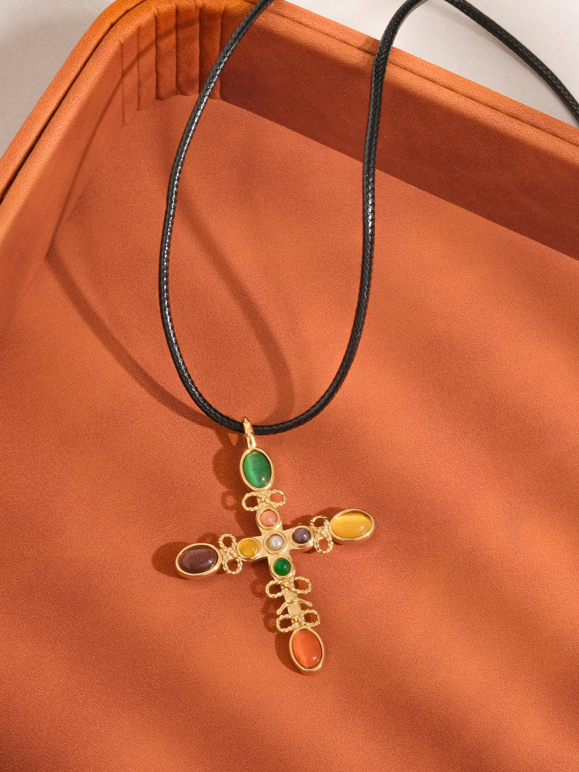 18K Gold Non-Tarnish Multi Stone Cross Necklace