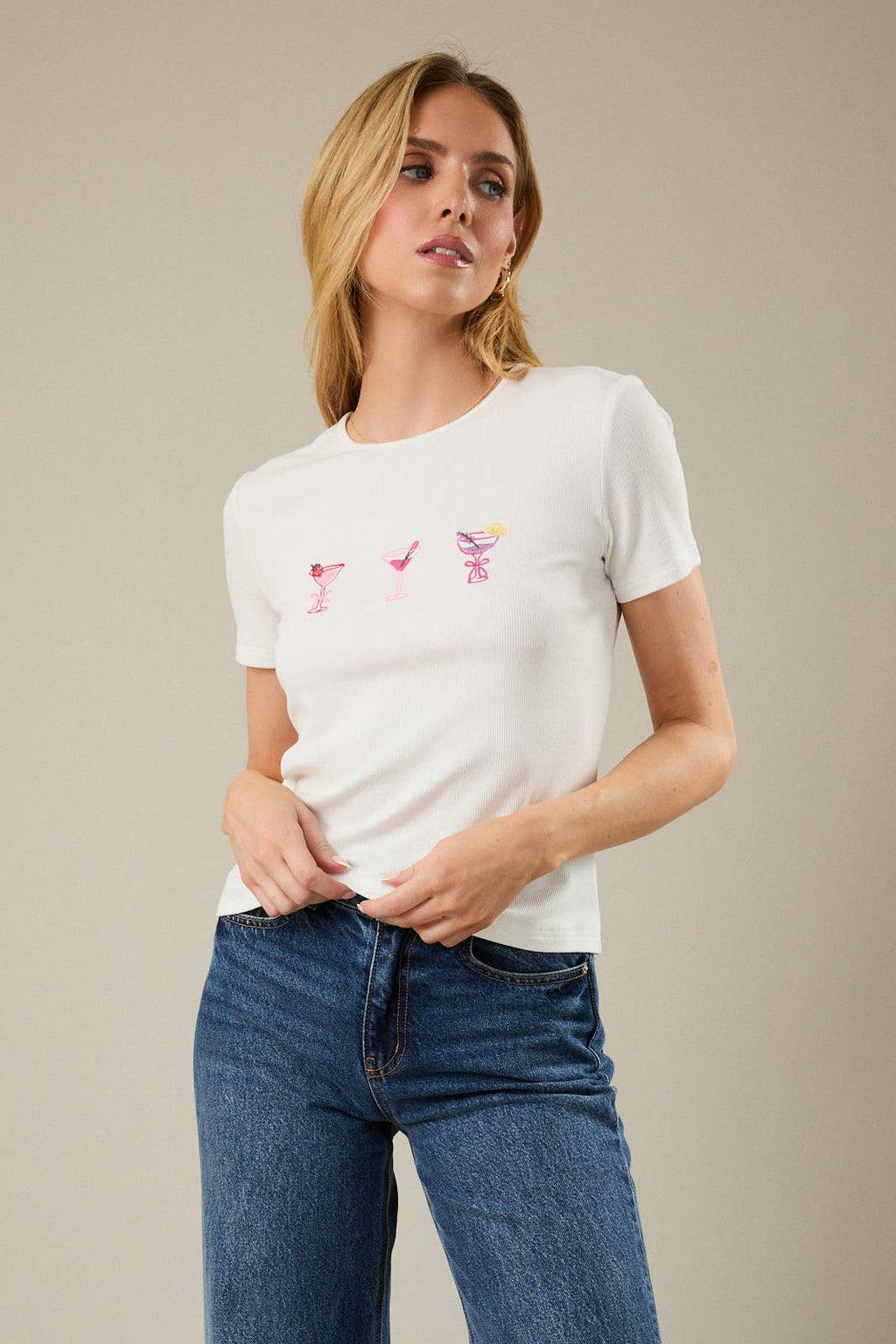 ROUND NECK SHORT SLEEVE COCKTAIL EMBROIDERED RIBBED TOP