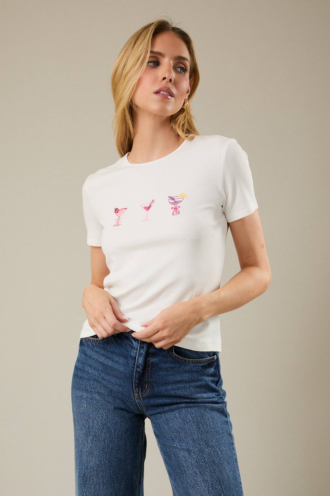 ROUND NECK SHORT SLEEVE COCKTAIL EMBROIDERED RIBBED TOP