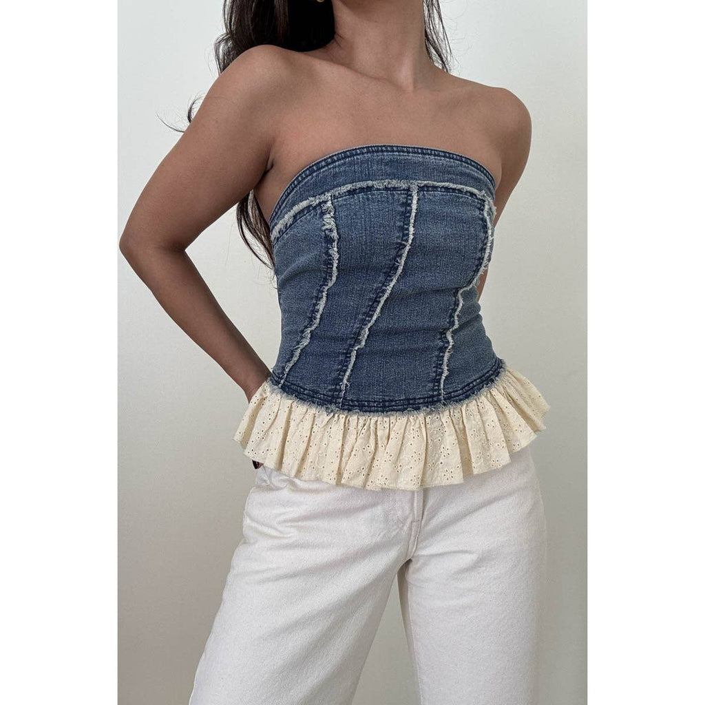 Denim Tube Top With Eyelet Frilled Hem