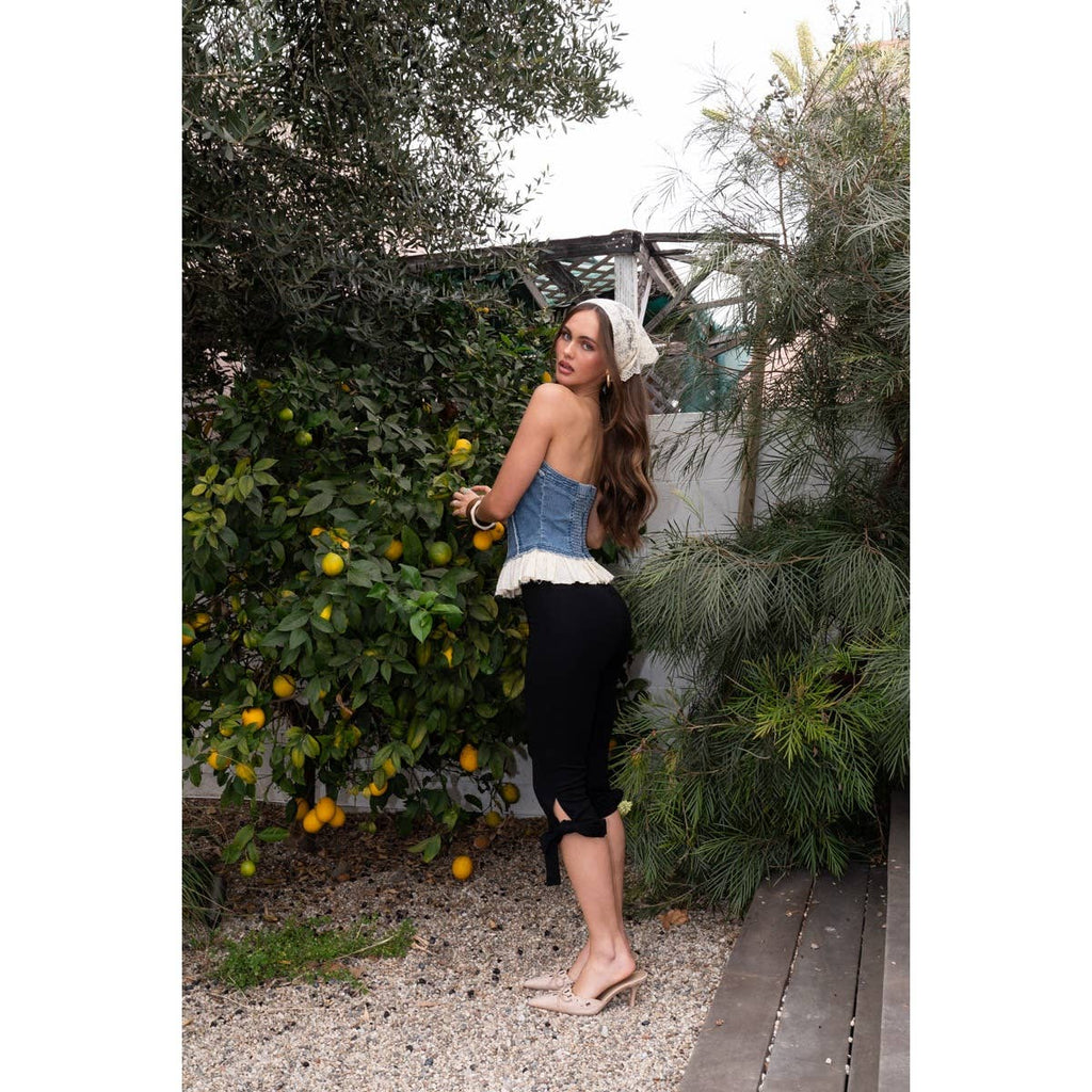 Denim Tube Top With Eyelet Frilled Hem