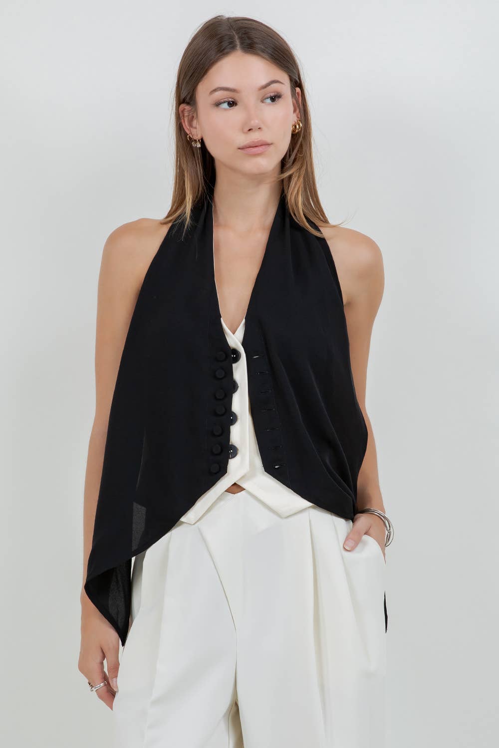 Lace + Contrast Satin Tank Top with Tie