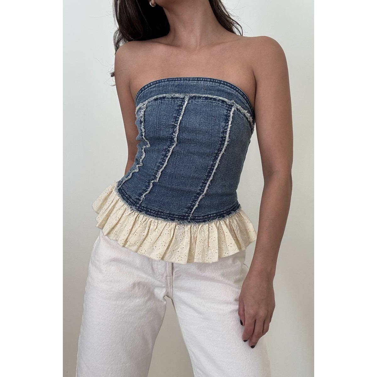 Denim Tube Top With Eyelet Frilled Hem