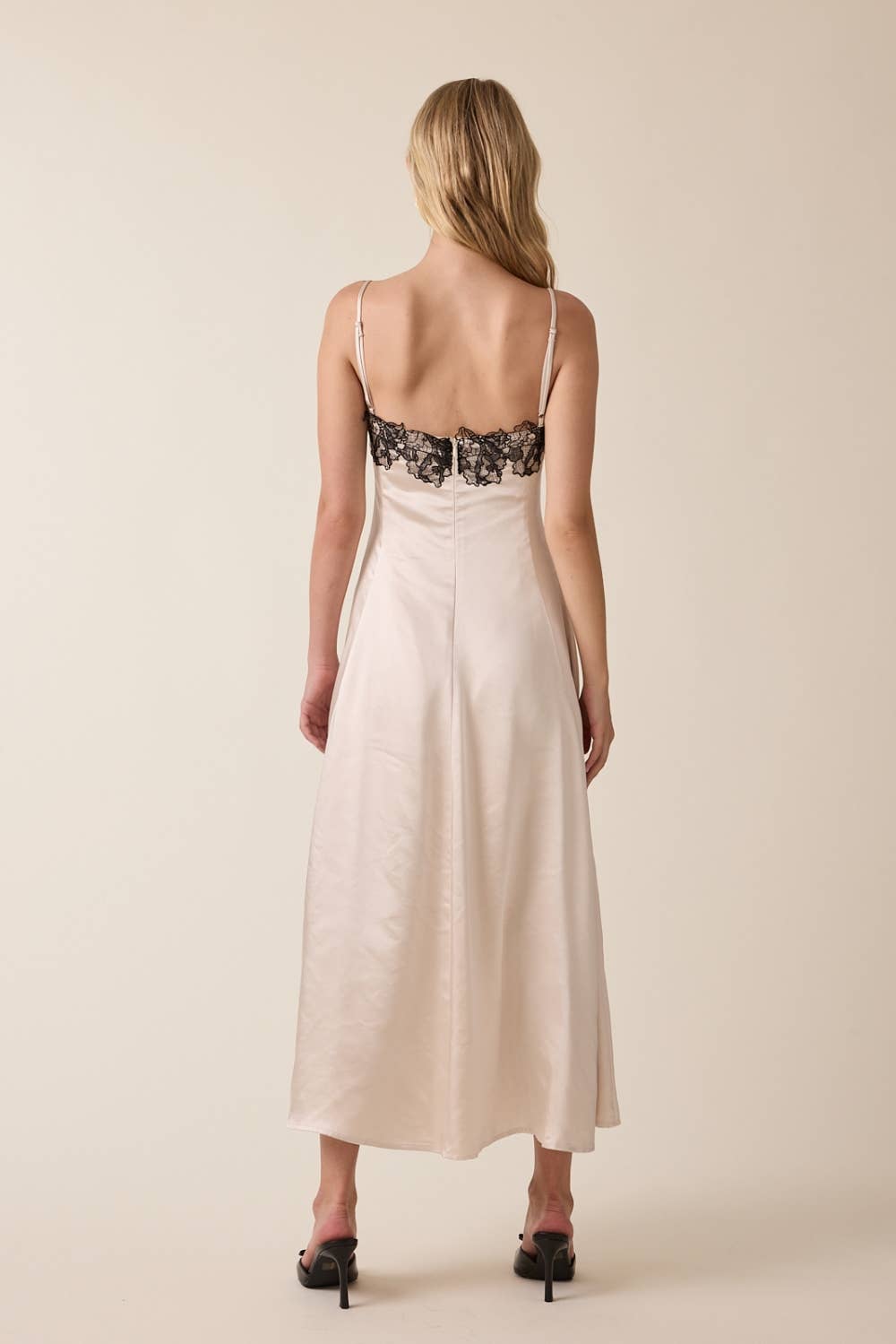 Satin Black Floral Lace Bust Sleeveless Midi Dress