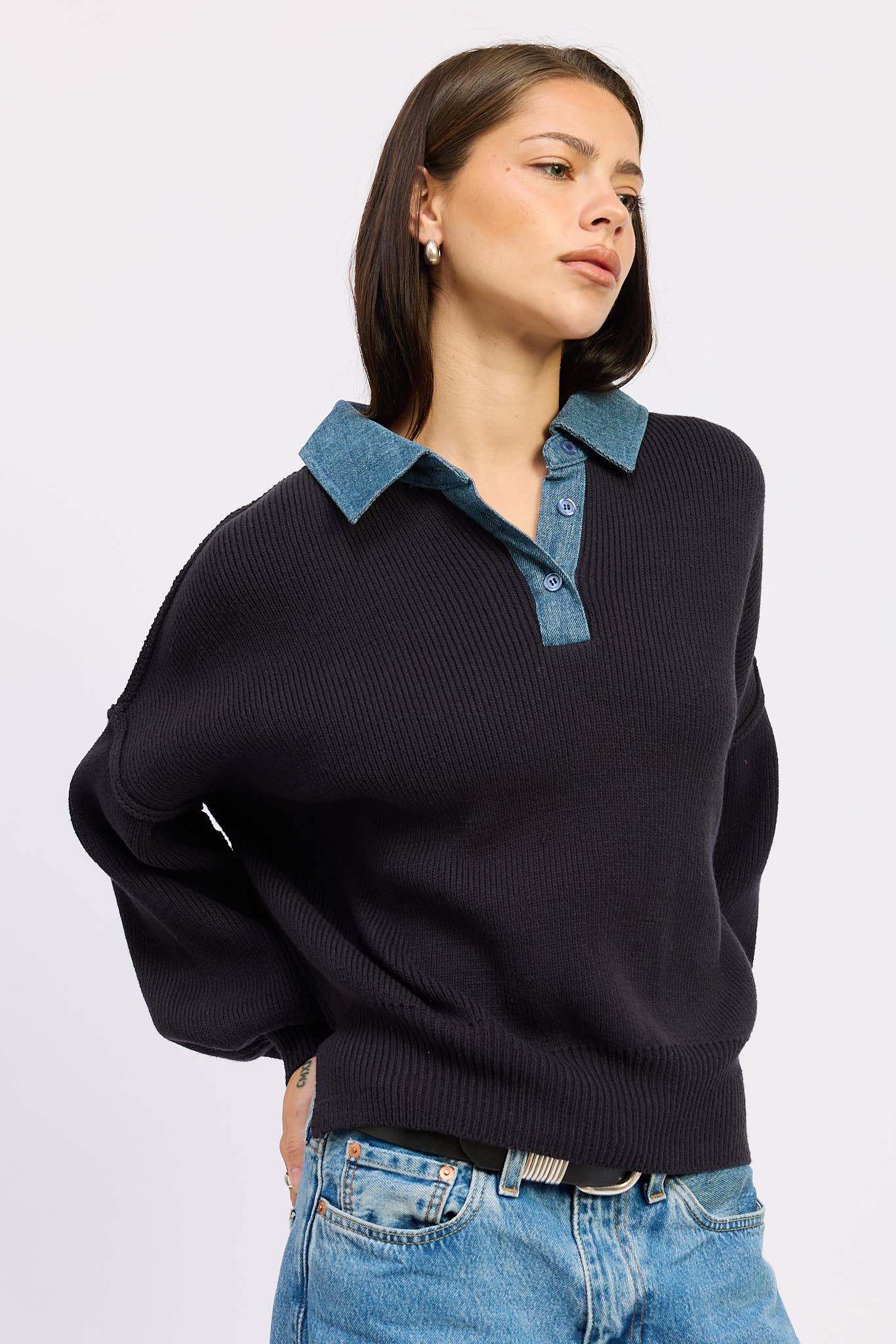 Contrasted Oversize Sweater with Collar