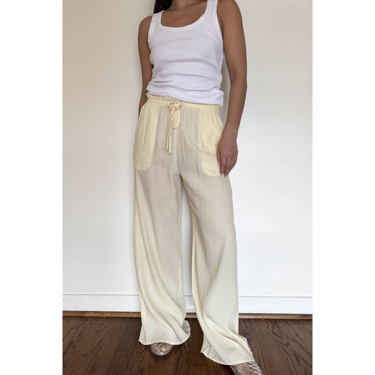 Drawstring Mid Waist Straight Leg Flowy Pants