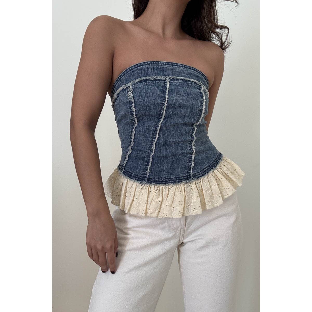 Denim Tube Top With Eyelet Frilled Hem