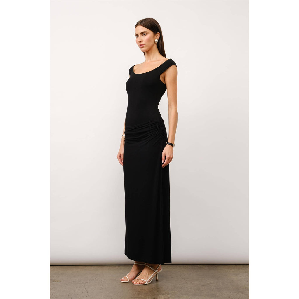 Juliette Off The Shoulder Bodycon Maxi Dress in Black Jersey