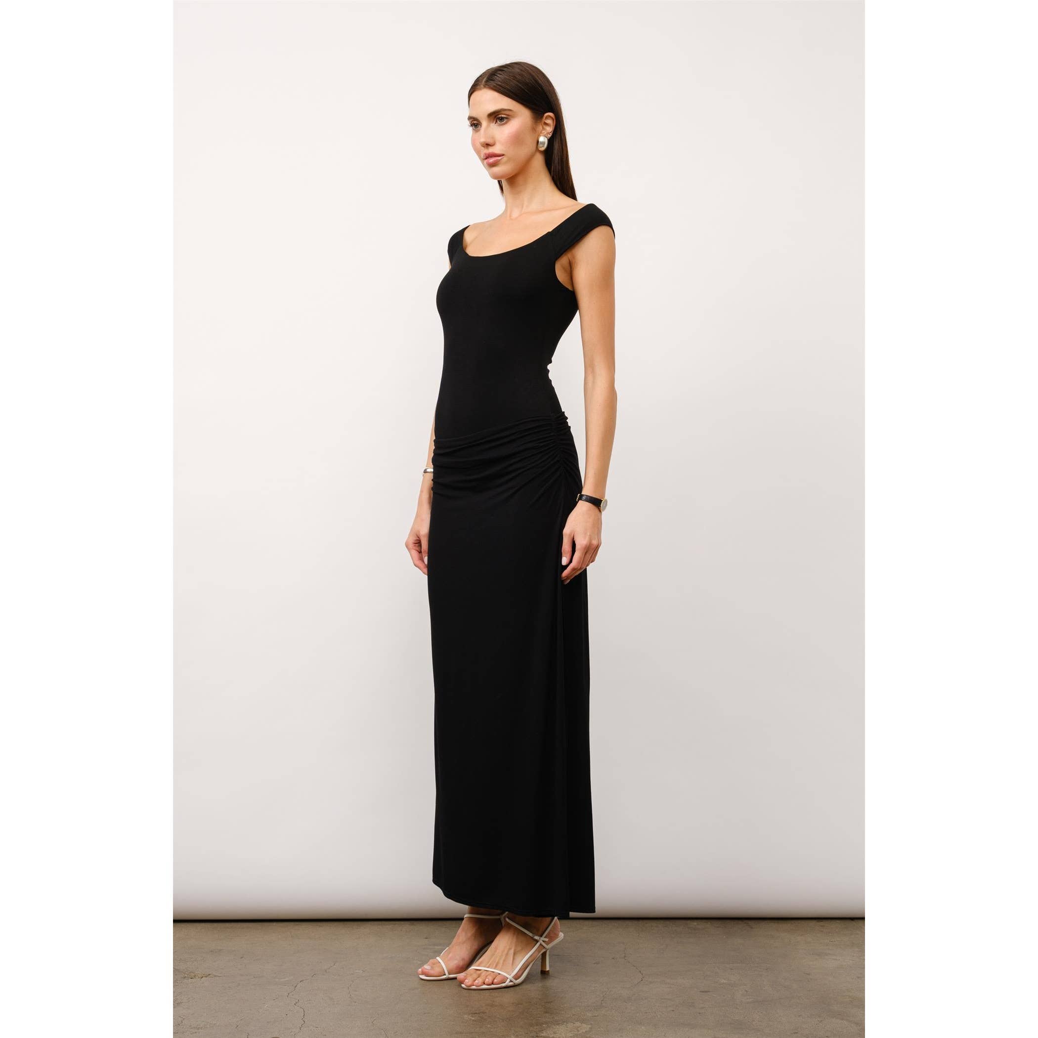 Juliette Off The Shoulder Bodycon Maxi Dress in Black Jersey