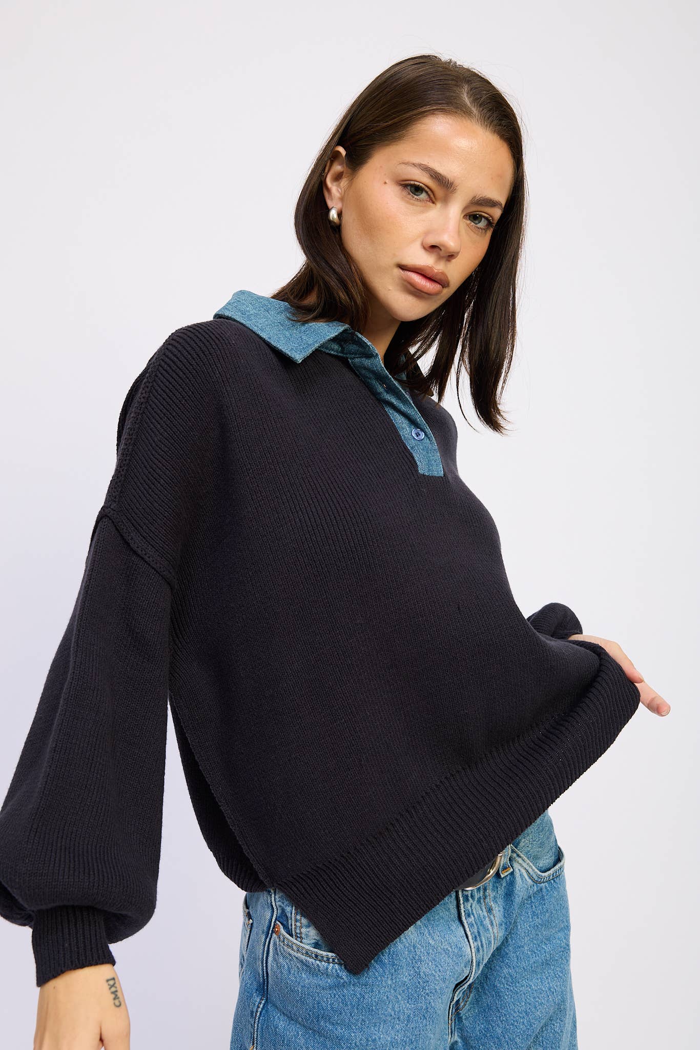 Contrasted Oversize Sweater with Collar