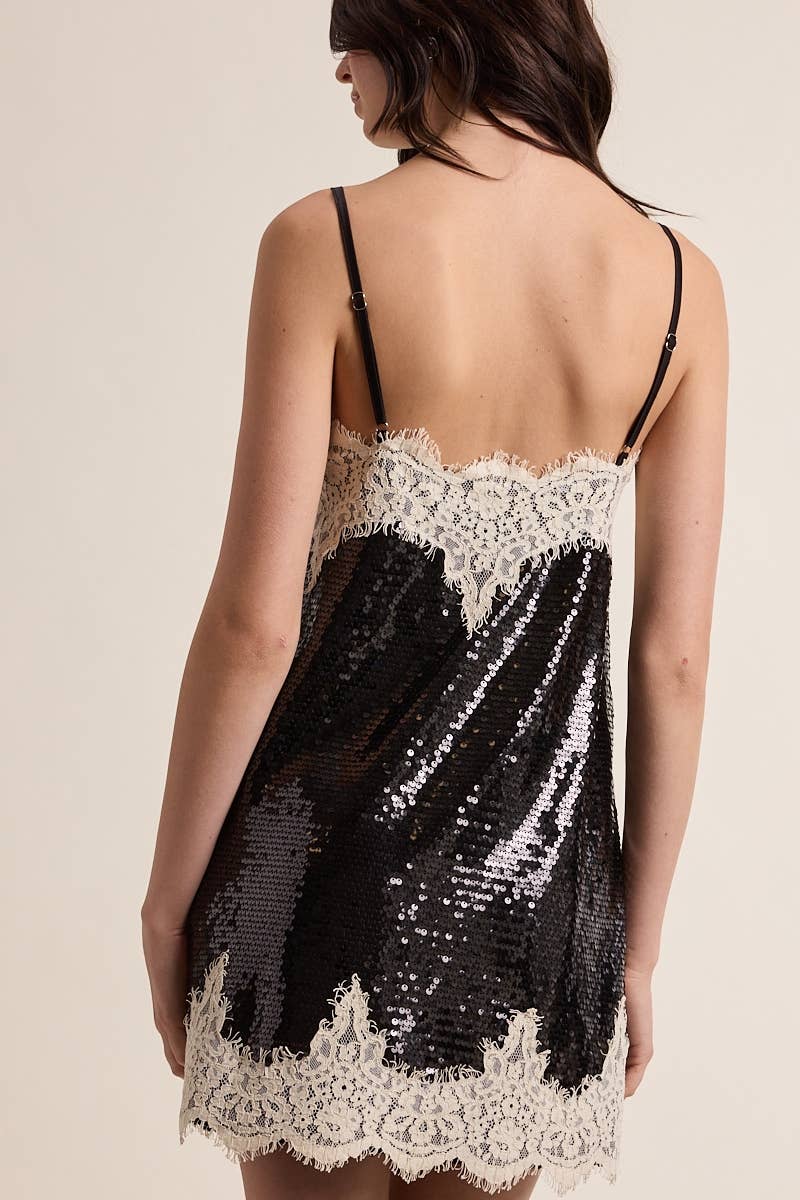 Holiday Dark Sequin Off-white Lace Mini Dress